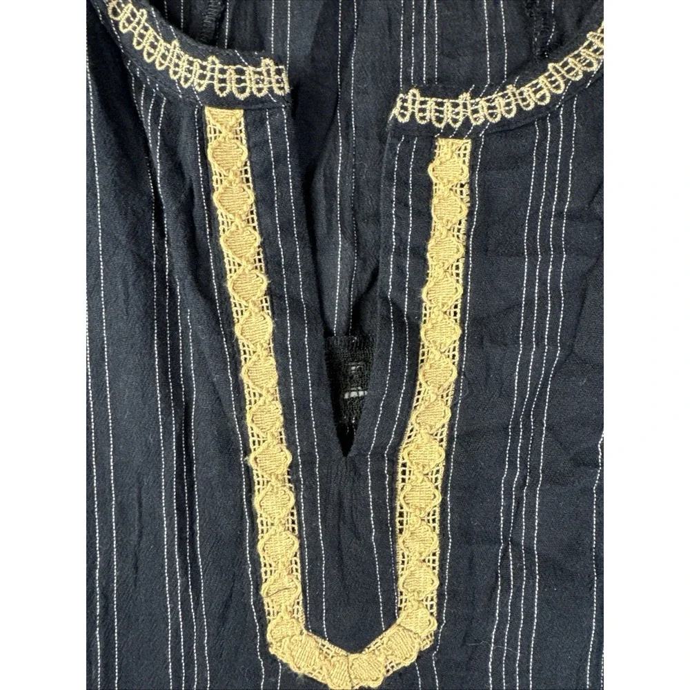 J Jill Tunic Blouse M Black Pinstripe‎  Embroidery Notch Neck Boho Top
